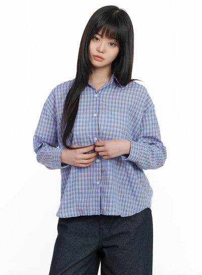 casual-plaid-button-up-blouse-cm513 / Blue