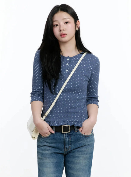 polka-dot-frill-hem-3-4-sleeve-top-im513 / Blue