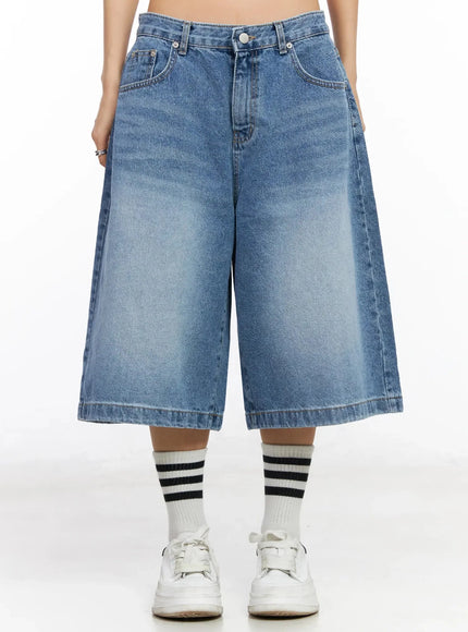 high-waist-washed-wide-leg-jorts-ia507 / Blue