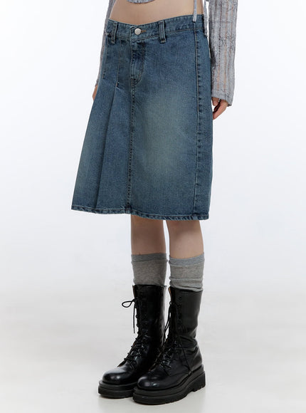 asymmetrical-pleated-washed-midi-denim-skirt-cg412 / Blue