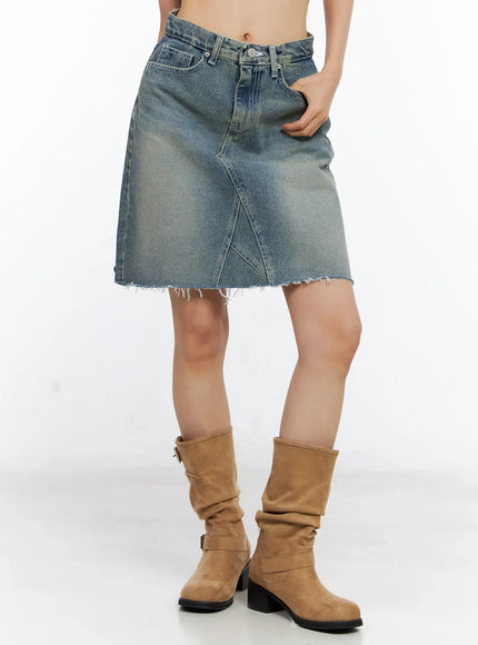 frayed-hem-denim-midi-skirt-cl529 / Blue
