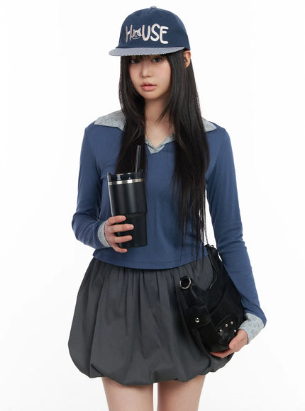 two-tone-collar-floral-long-sleeve-tee-cm513 / Blue