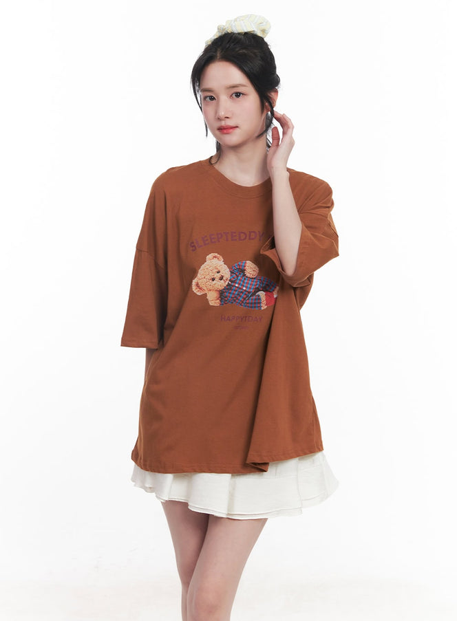 teddy-graphic-oversize-t-shirt-cy526 / Brown