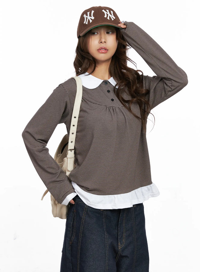 striped-collared-button-long-sleeve-top-co510 / Brown