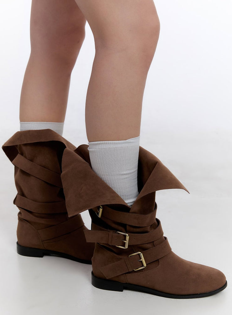 Triple Buckle Suede Mid-Calf Boots CJ511