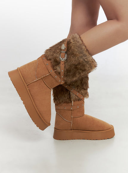 furtrimmed-studded-boots-cn419 / Brown