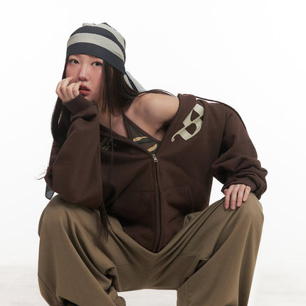 graphic-oversize-zip-up-hooded-jacket-im528 / Brown