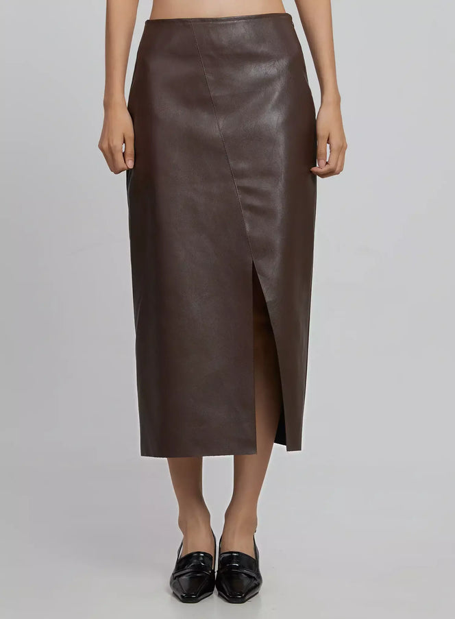 slit-faux-leather-maxi-skirt-id504 / Brown