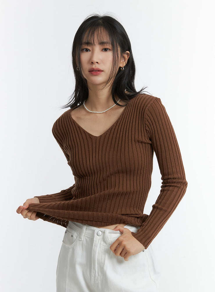 v-neck-wool-rib-sweater-od315 / Brown