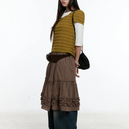 gingham-ruffle-layered-midi-skirt-cs517 / Brown
