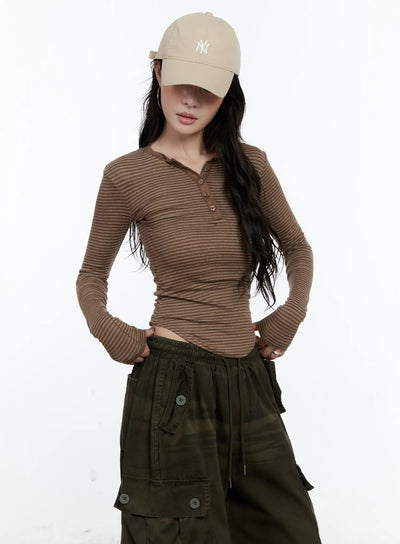striped-button-slim-fit-tee-cn517 / Brown