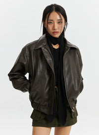 faux-leather-bomber-jacket-cd321 / Brown