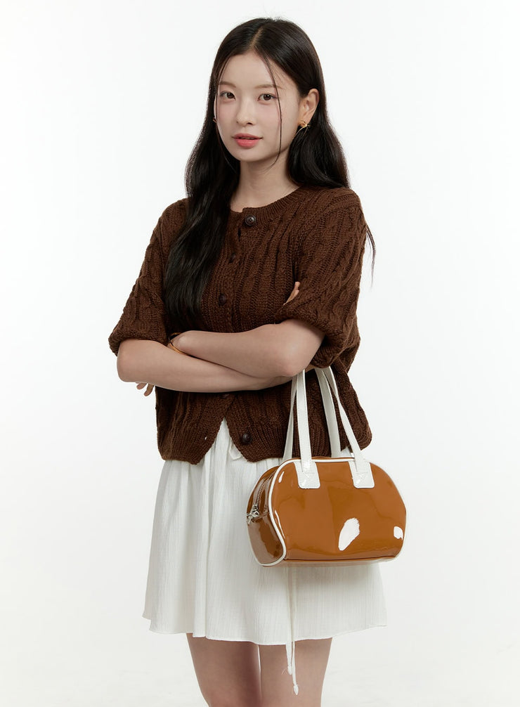 cable-knit-short-sleeve-cardigan-ol430 / Brown