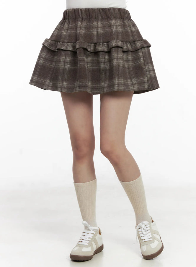 ruffled-plaid-mini-skirt-cn527 / Brown