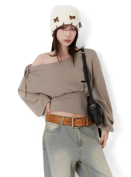off-shoulder-knit-sweatshirt-ij521 / Dark beige
