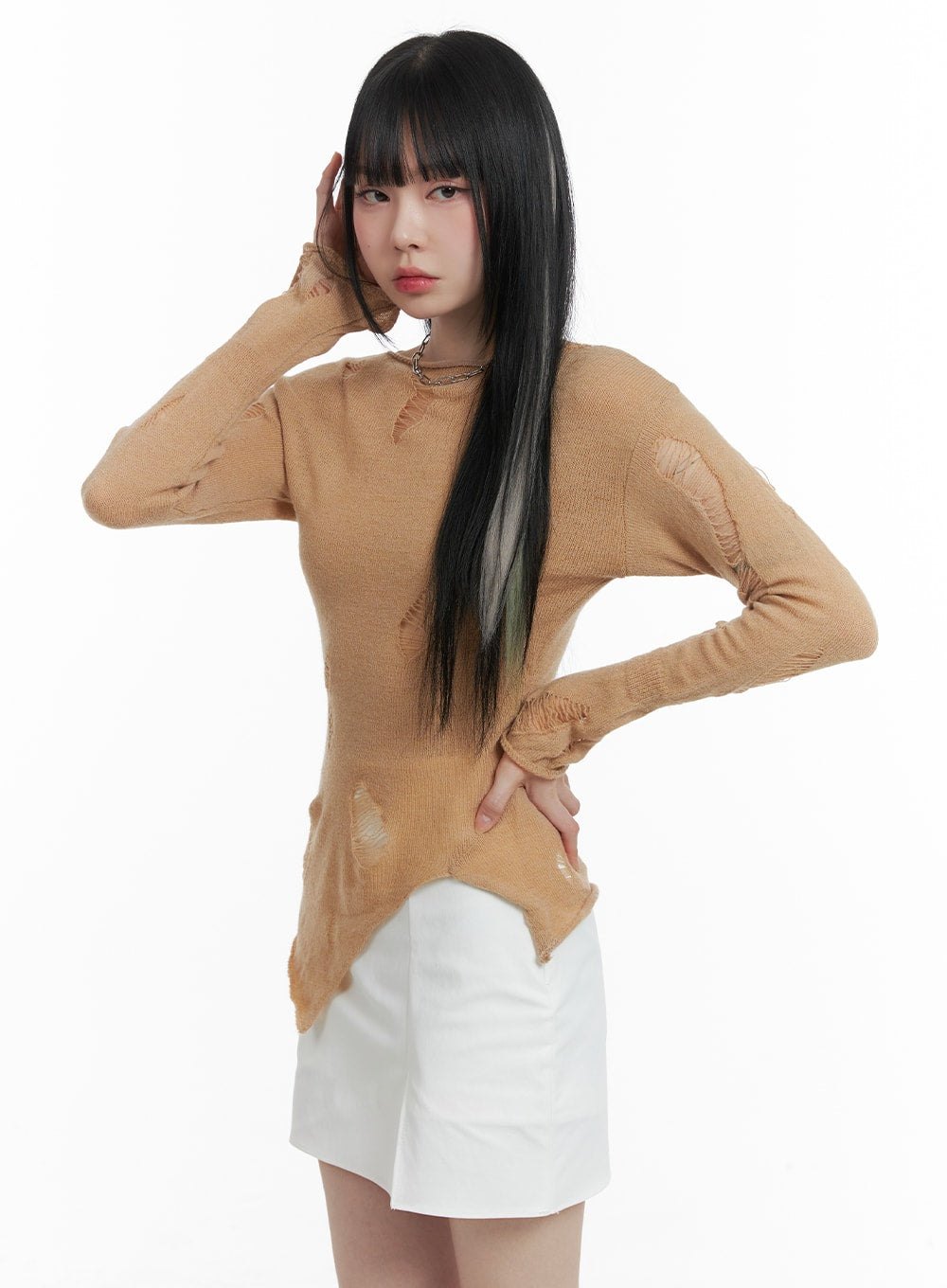 destroyed-unbalanced-edge-knit-top-om426 / Dark beige