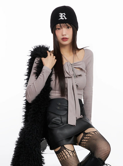 bow-tie-long-sleeve-top-in507 / Dark beige