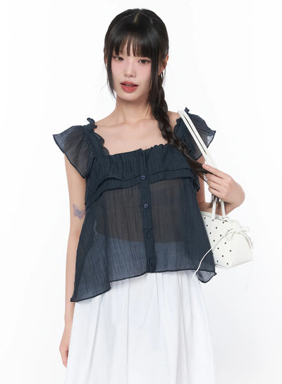 sheer-ruffle-sleeve-blouse-ca528 / Dark blue