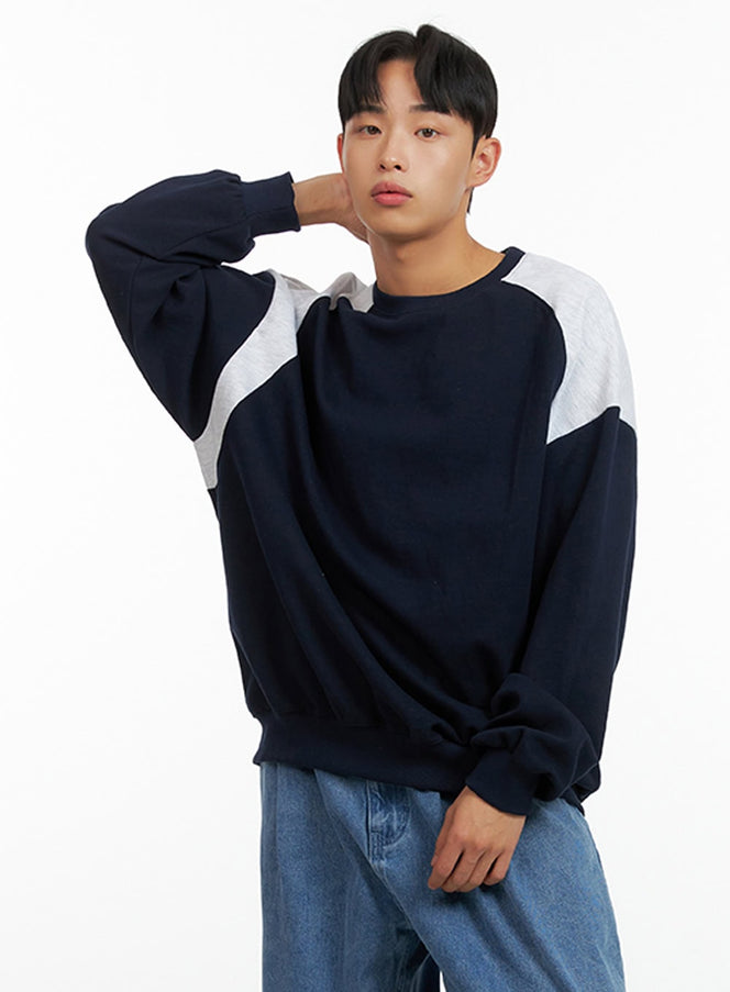 mens-cozy-contrasting-crewneck-sweatshirt-dark-blue-iu412 / Dark blue