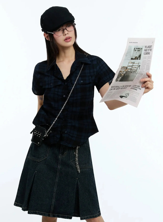 slim-fit-plaid-short-sleeve-shirt-iu523 / Dark blue