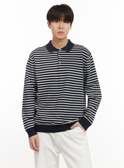 mens-striped-long-sleeve-polo-ij517 / Dark blue