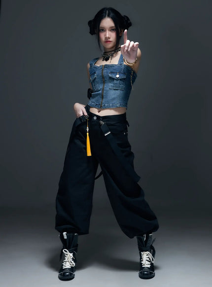 denim-zip-up-sleeveless-top-cs525 / Dark blue