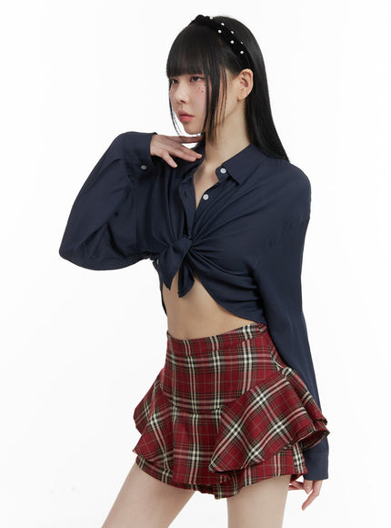 buttoned-collar-cropped-blouse-om426 / Dark blue