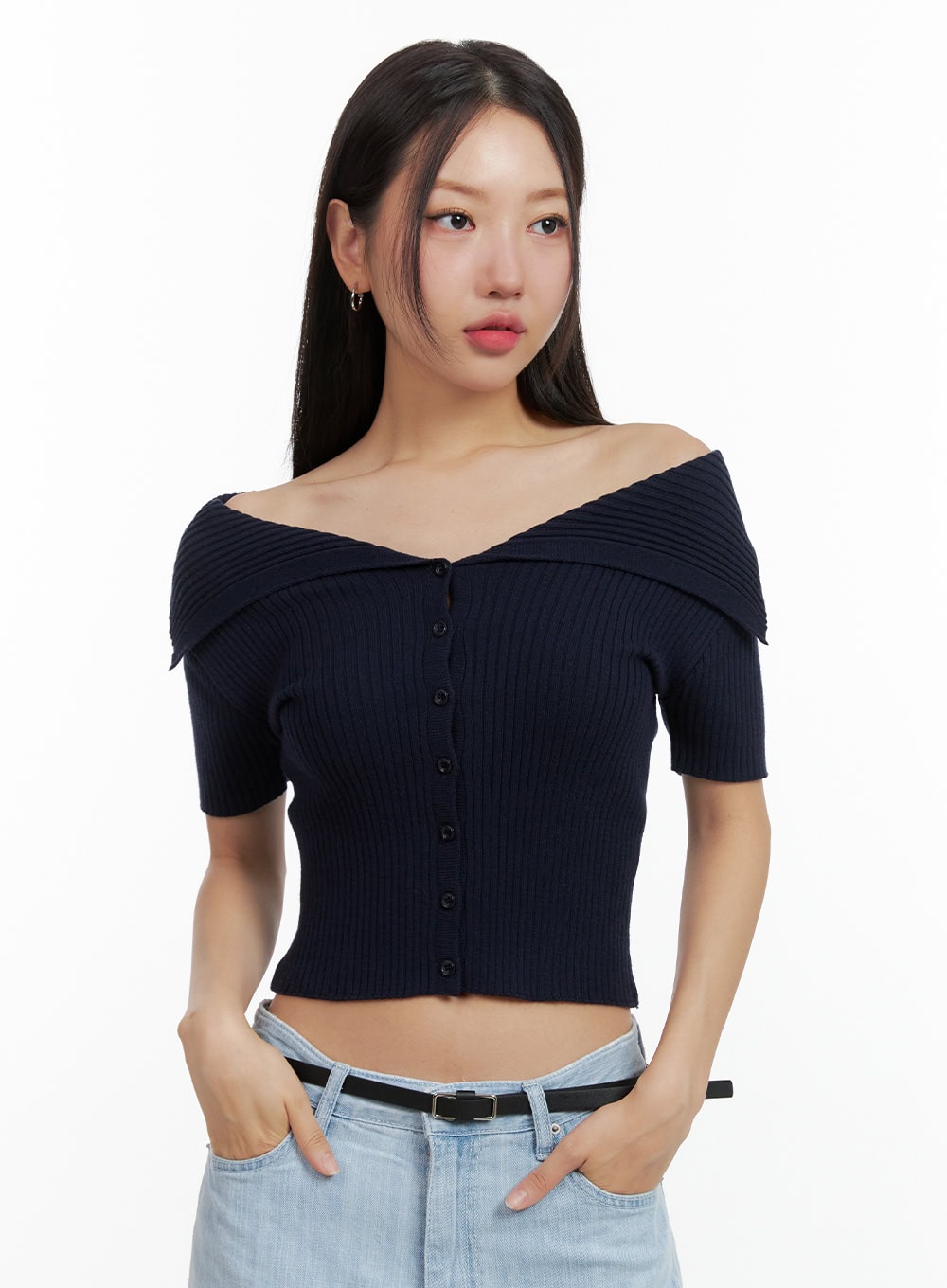 off-shoulder-ribbed-top-ou407 / Dark blue