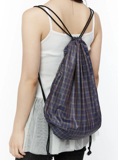 vintage-plaid-drawstring-backpack-iy511 / Dark blue