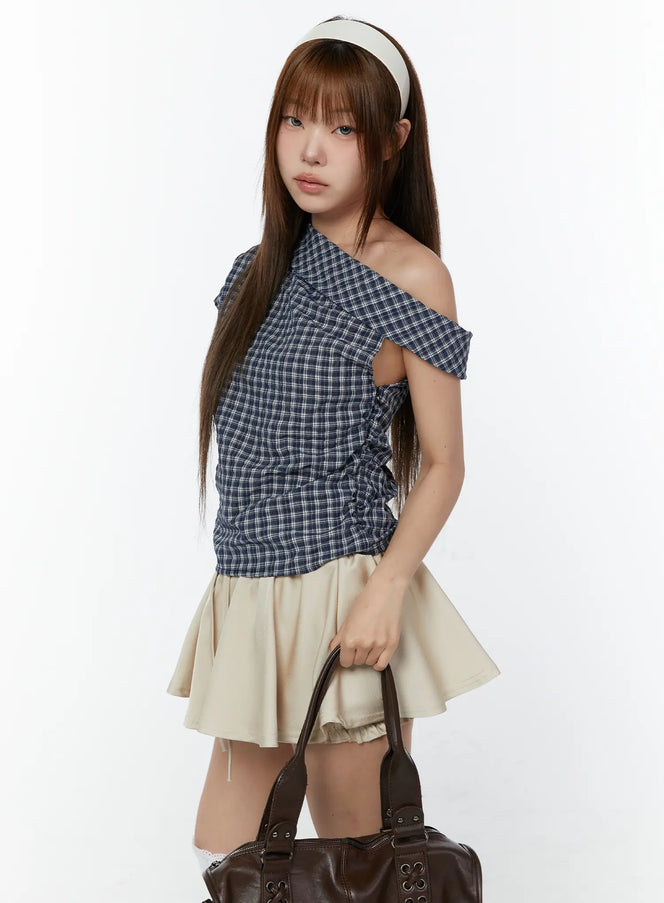 asymmetric-ruched-plaid-blouse-cy519 / Dark blue