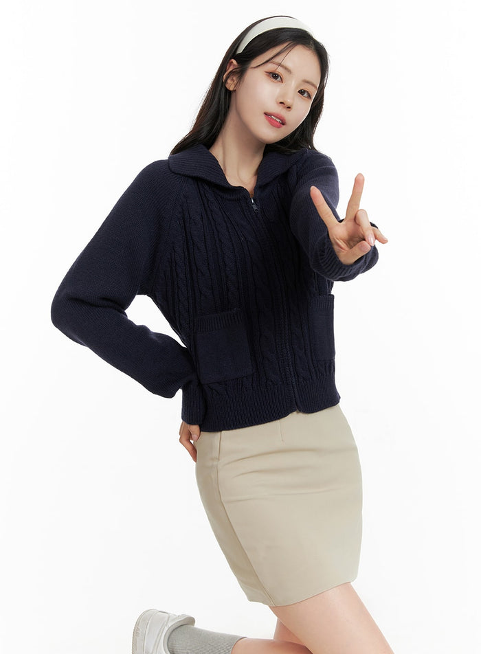 cable-knit-zip-up-sweater-of414 / Dark blue