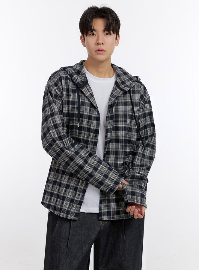 mens-oversize-checkered-hooded-shirt-im525 / Dark blue