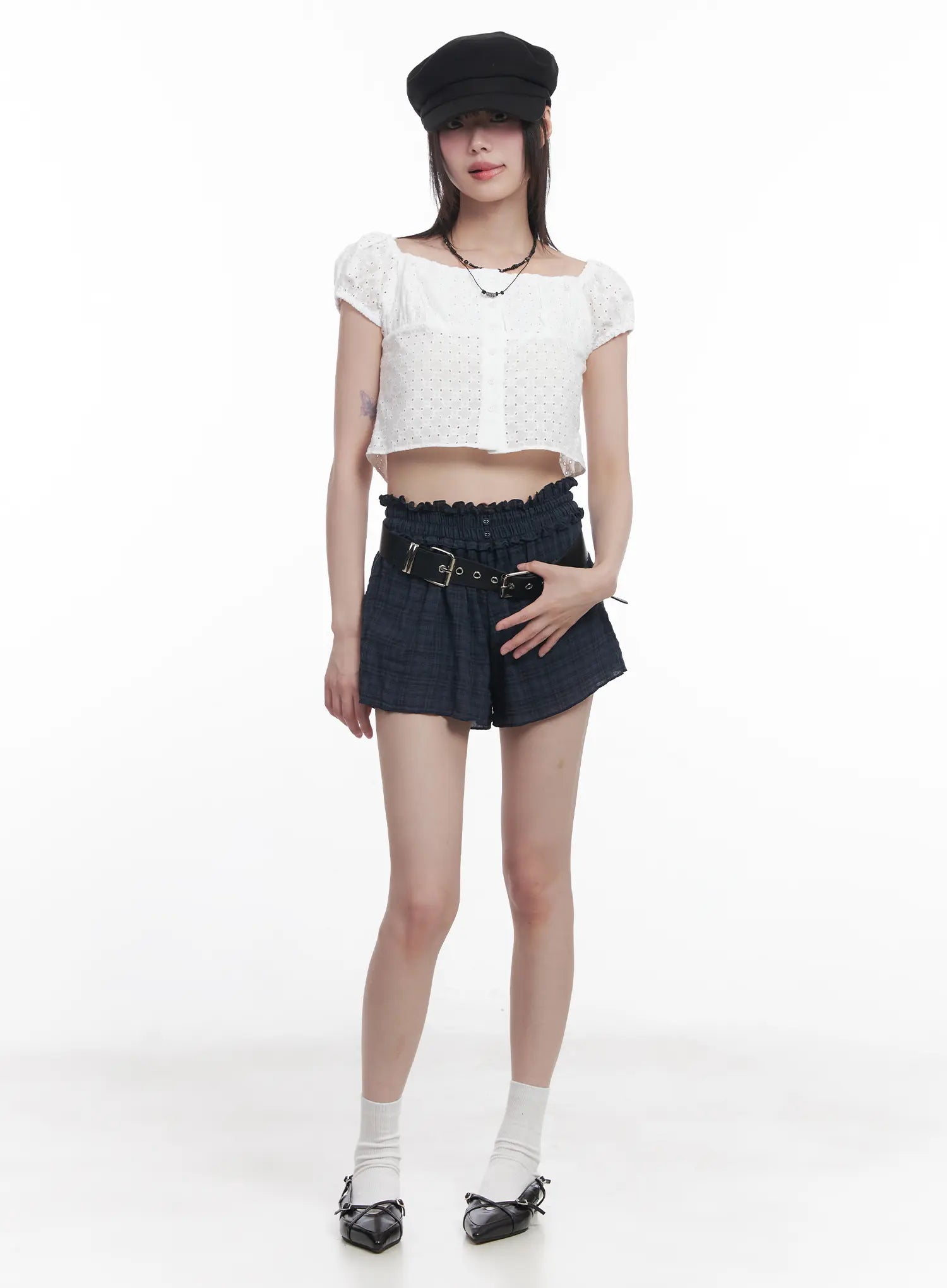 plaid-print-frilly-shorts-cu518 / Dark blue