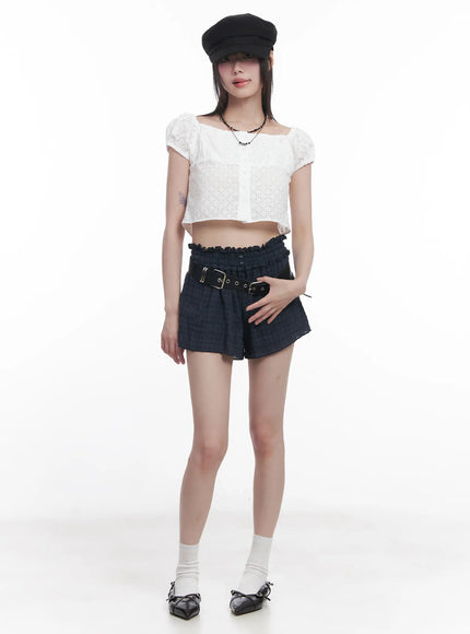 plaid-print-frilly-shorts-cu518 / Dark blue