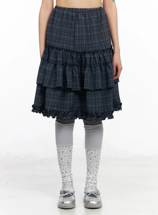 plaid-frill-tiered-midi-skirt-ia523 / Dark blue