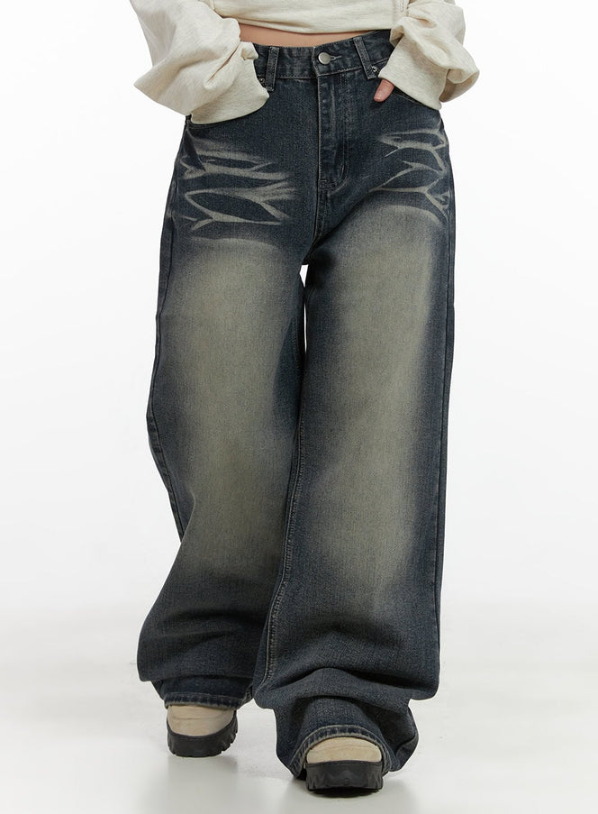 leia-washed-wide-denim-jeans-co402 / Dark blue