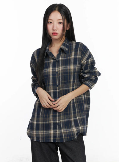 oversized-plaid-button-up-shirt-cd529 / Dark blue