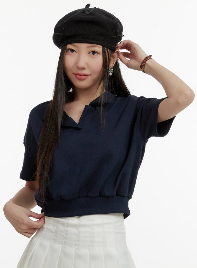 solid-collar-crop-top-oy413 / Dark blue