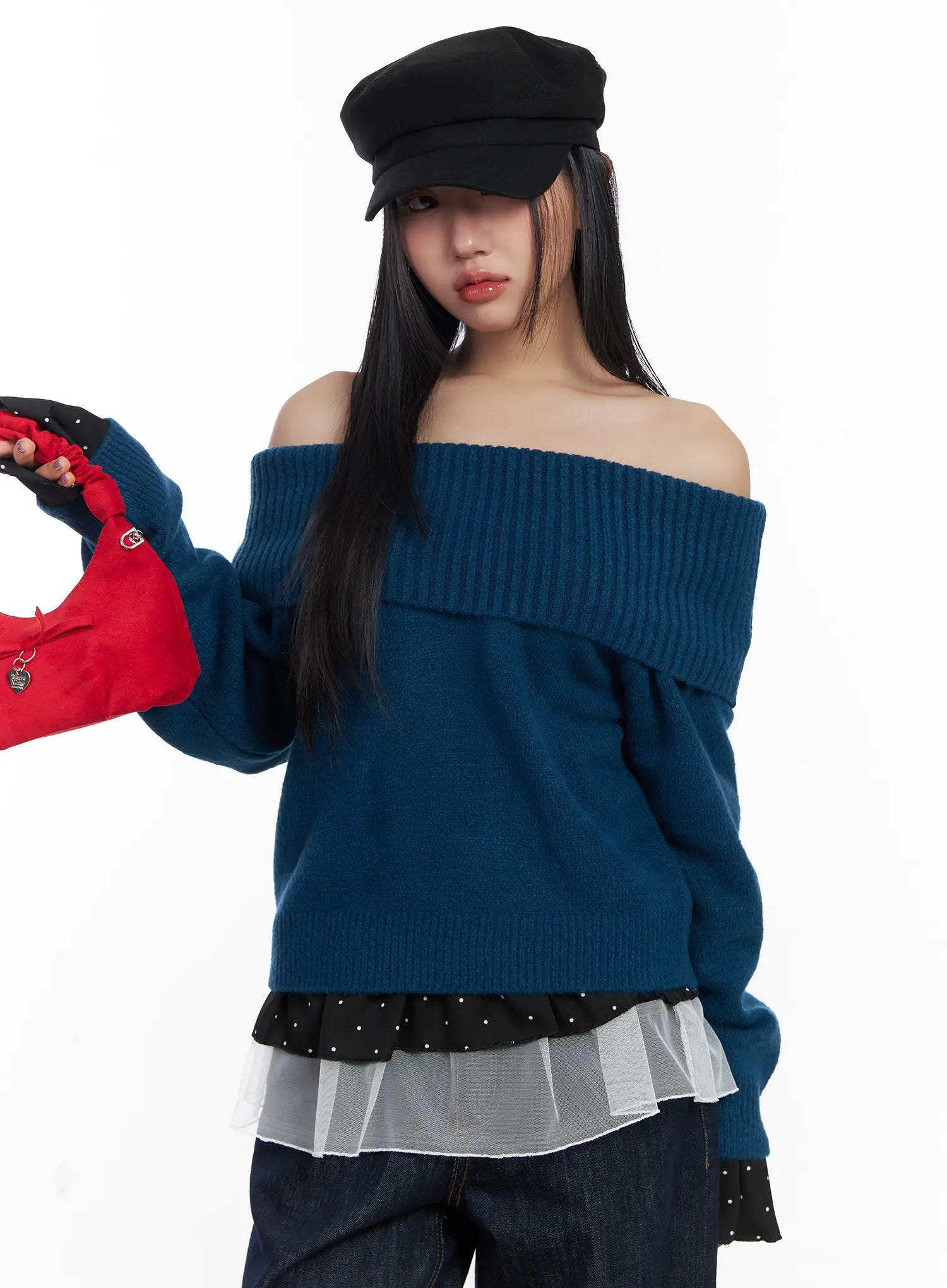 off-shoulder-knit-long-sleeve-top-cf503 / Dark blue
