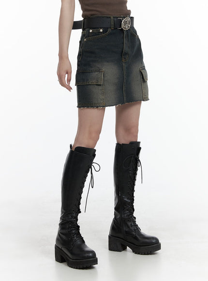 destroyed-hem-cargo-denim-mini-skirt-ca402 / Dark blue
