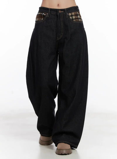 samara-plaid-accent-wide-leg-jeans-cd501 / Dark blue