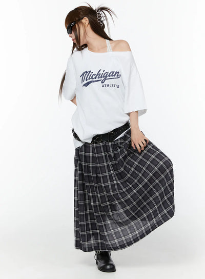 plaid-flare-maxi-skirt-cy519 / Dark blue