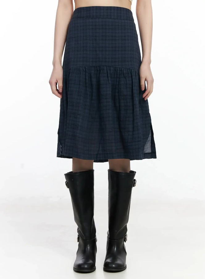 plaid-split-midi-skirt-f516 / Dark blue