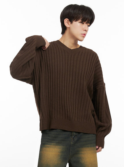 mens-loose-fit-v-neck-sweater-ij517 / Dark brown