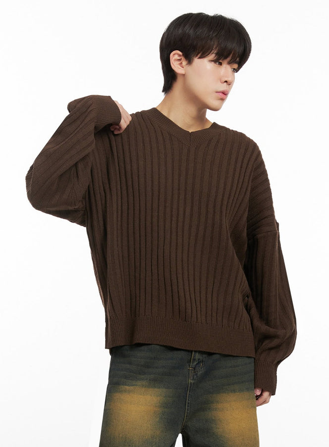 mens-loose-fit-v-neck-sweater-ij517 / Dark brown
