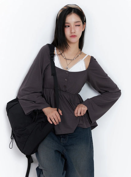 shirred-flowy-buttoned-long-sleeve-is525 / Dark brown