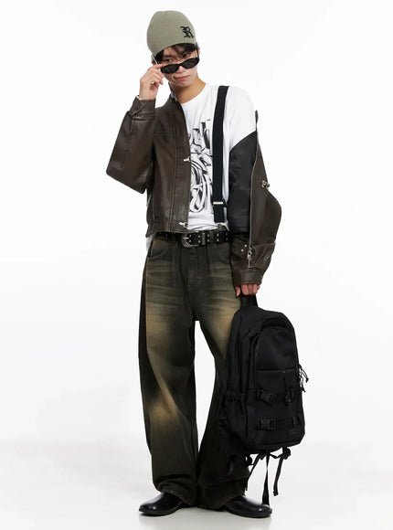 mens-hook-faux-leather-jacket-io516 / Dark brown