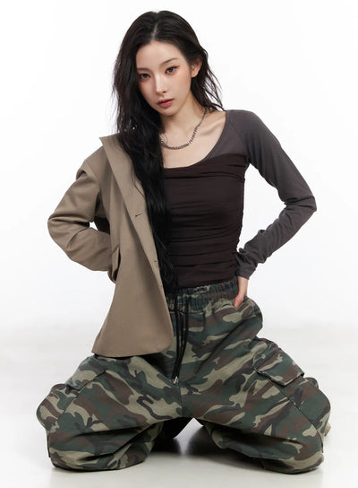 ruched-chiffon-crop-long-sleeve-top-cm518 / Dark brown