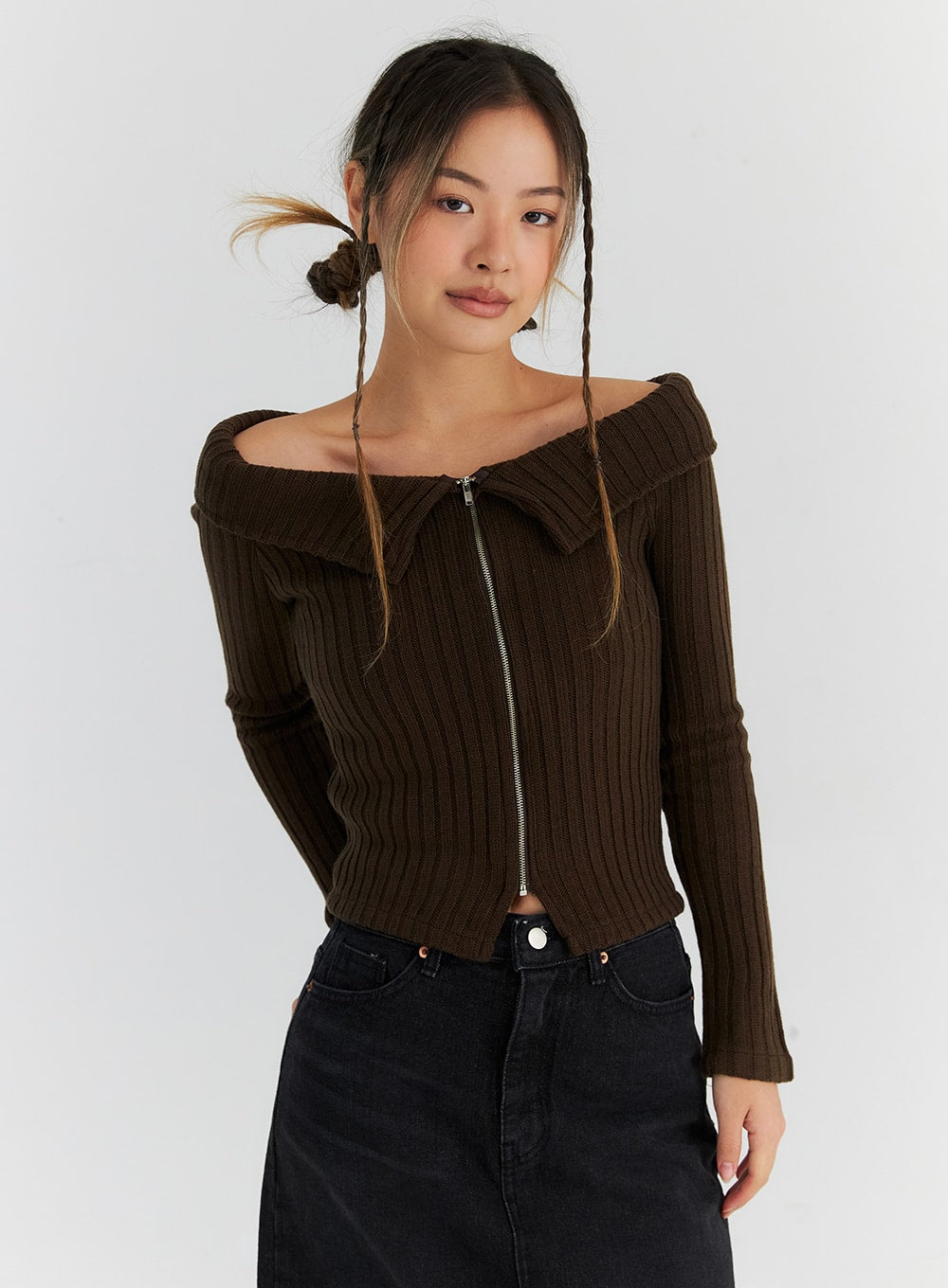 Ripped Off Shoulder Zip Up Sweater CN310