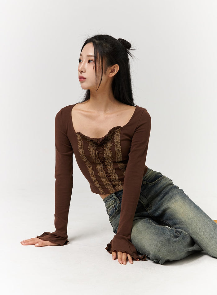 round-neck-solid-lace-corset-long-sleeve-cd322 / Dark brown